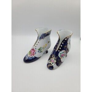 Vintage Decorative Porcelain Shoe Boot Vase Floral Details Gold Trim Pair Of 2